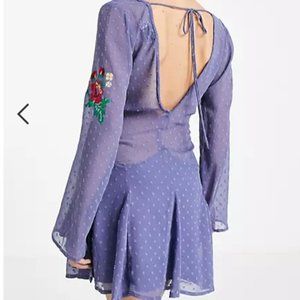 ASOS DESIGN textured embroidered godet skater mini dress with lace trims